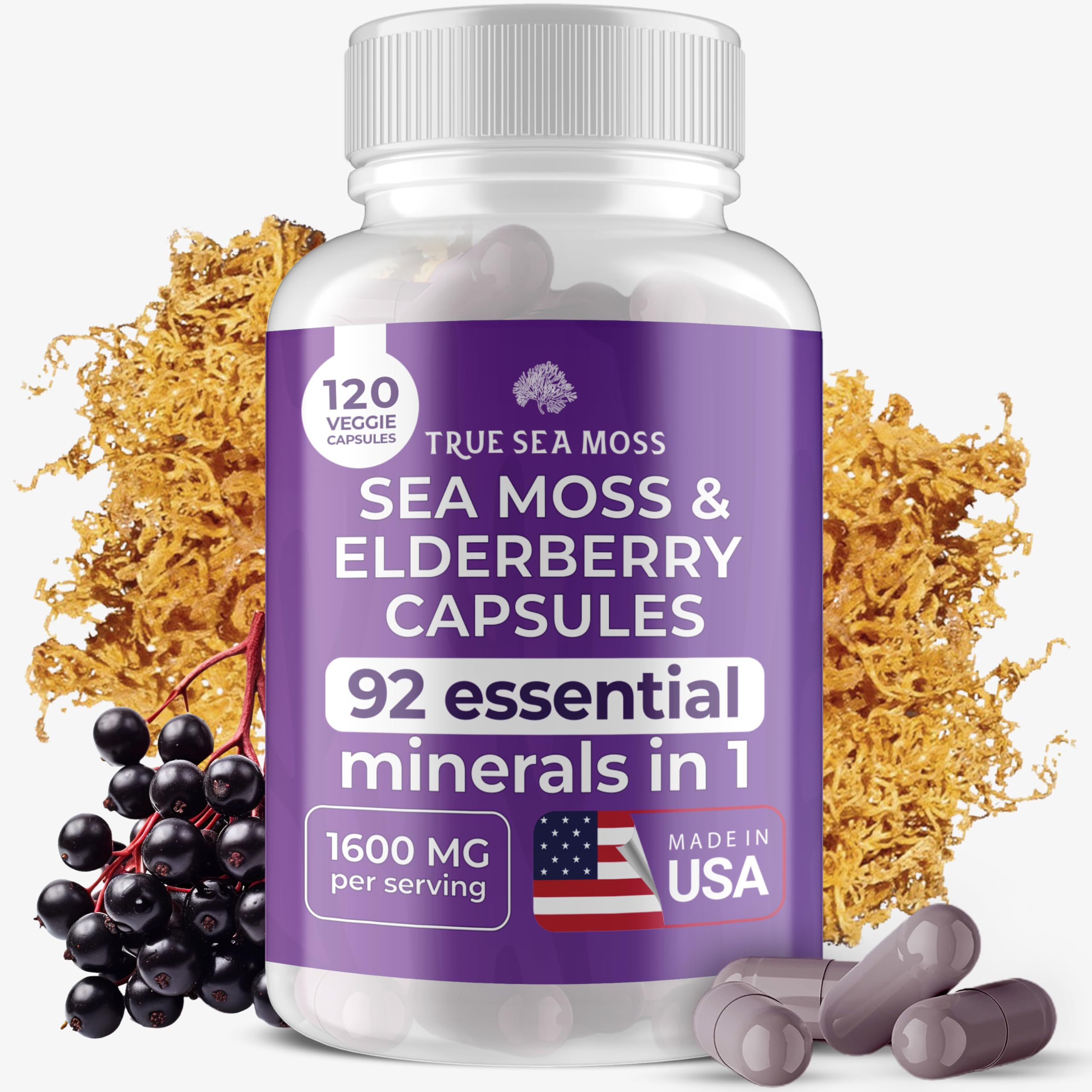 TrueSeaMoss Irish Sea Moss capsules hero image with elderberry