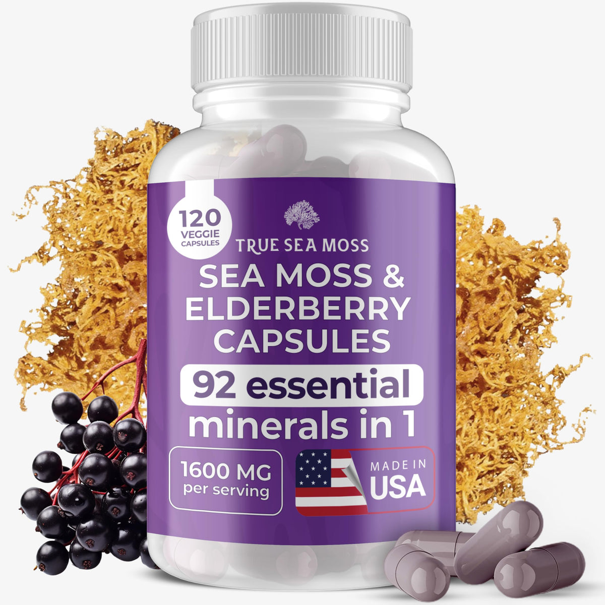TrueSeaMoss Irish Sea Moss capsules hero image with elderberry