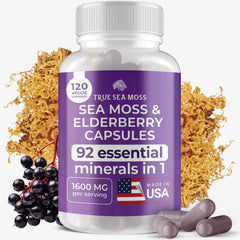 TrueSeaMoss Irish Sea Moss capsules hero image with elderberry