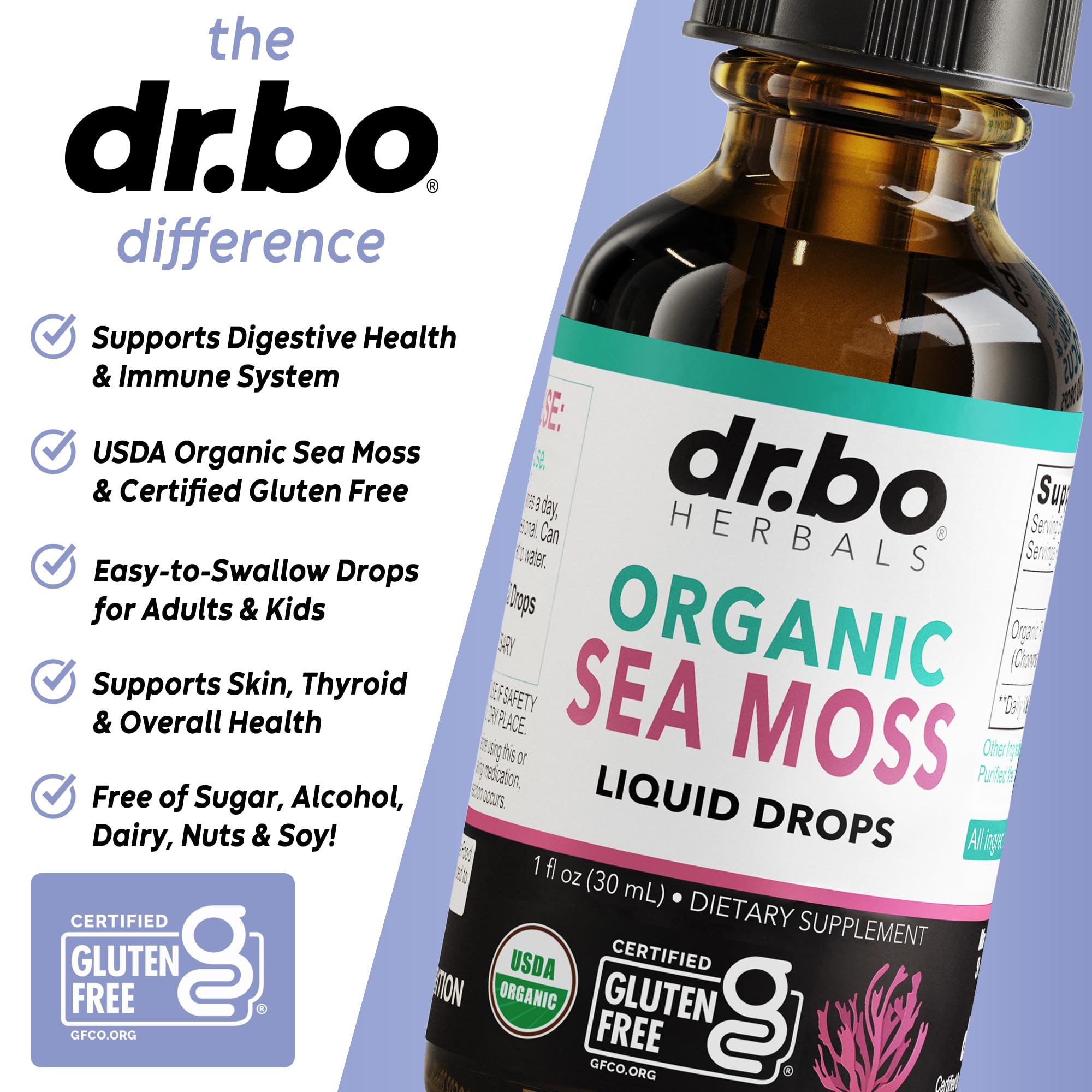 Back label of sea moss liquid drops bottle