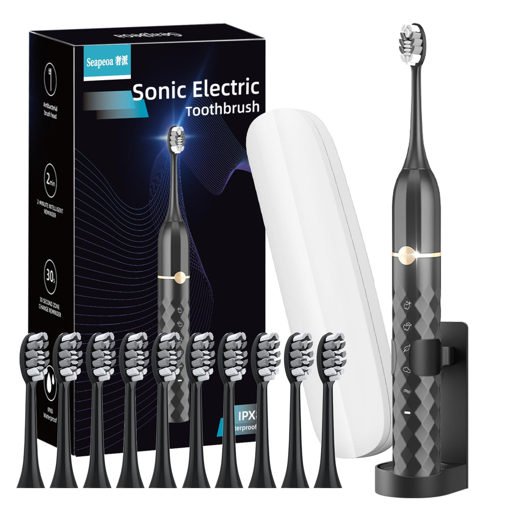 Seapeoa electric toothbrush set with 10 replaceable heads and travel case