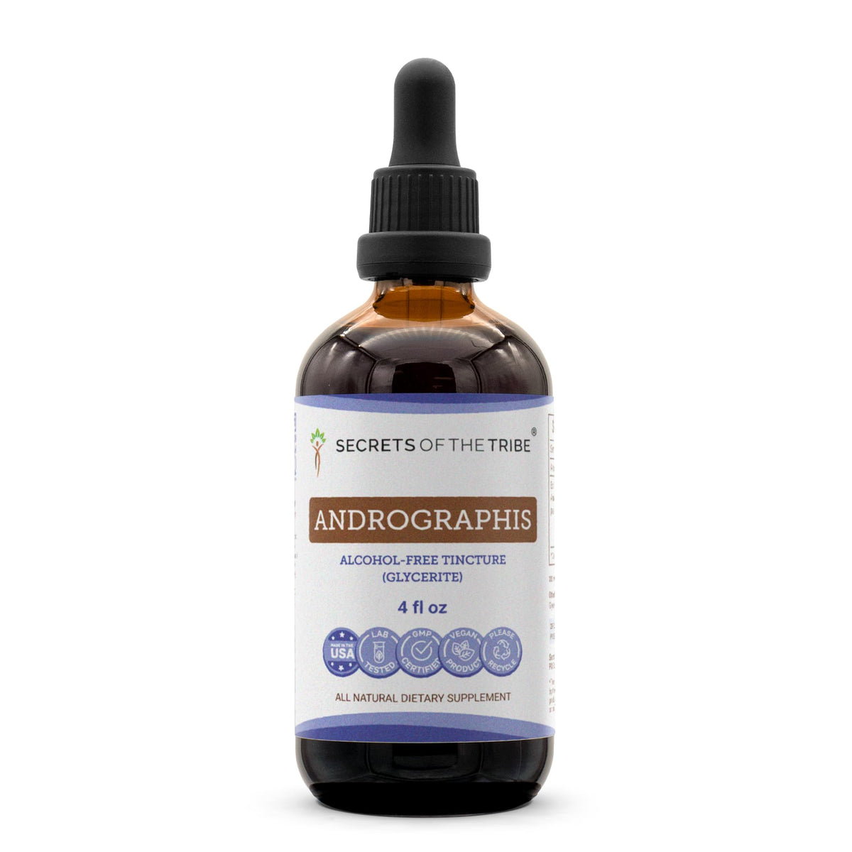Front view of Secrets of the Tribe Andrographis Alcohol-Free Liquid Extract bottle, 4 oz
