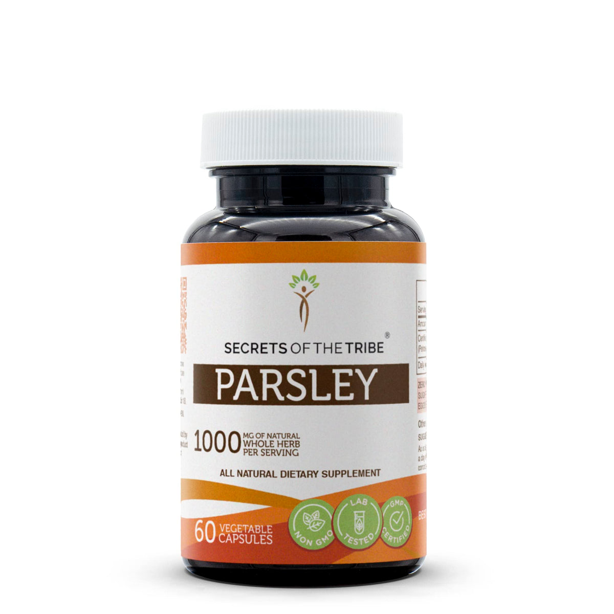 Front view of Secrets of the Tribe Parsley 60 capsules bottle