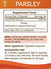 Supplement facts panel and bottle with parsley imagery