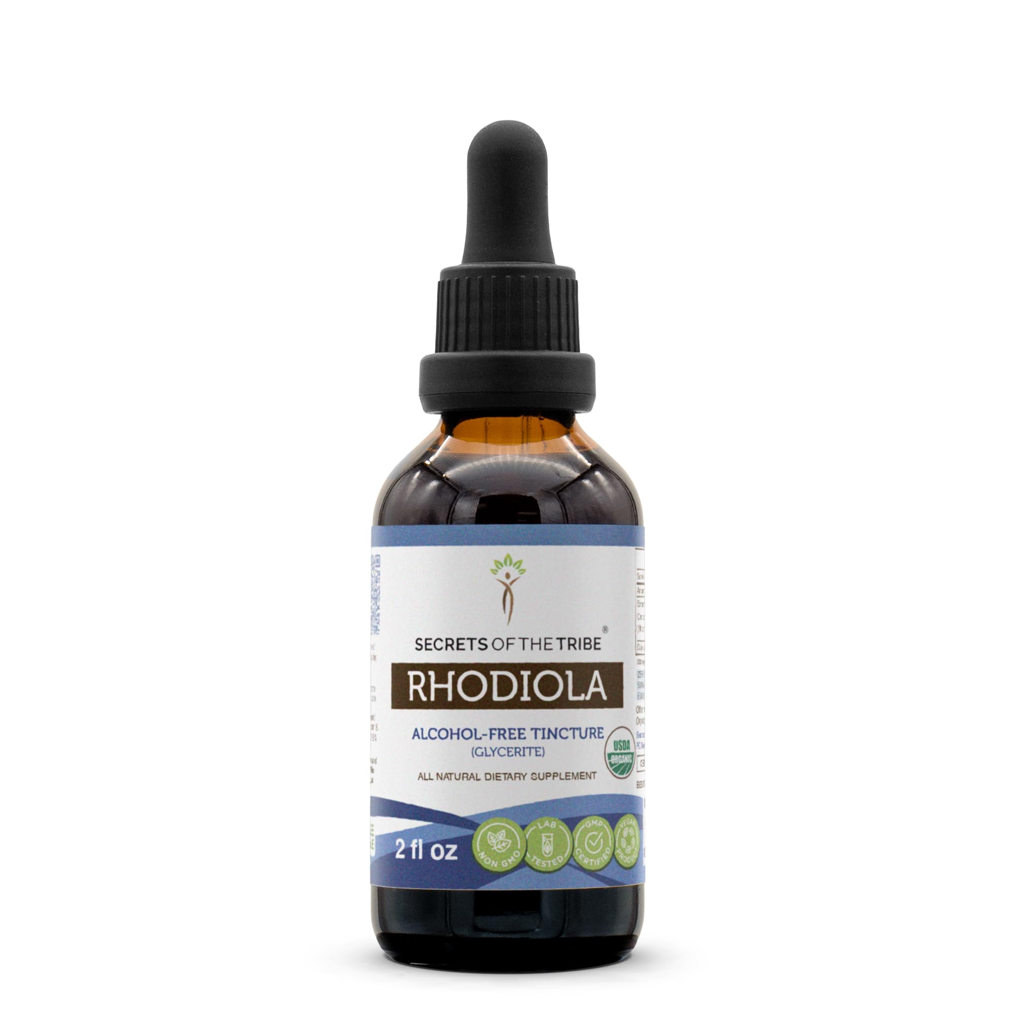 2 oz Secrets of the Tribe Rhodiola USDA Organic alcohol-free extract bottle with dropper