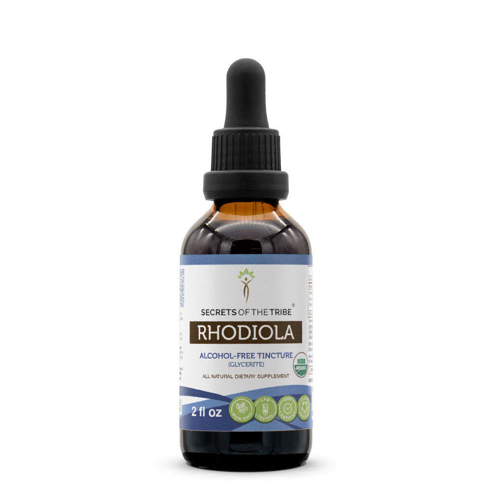 2 oz Secrets of the Tribe Rhodiola USDA Organic alcohol-free extract bottle with dropper
