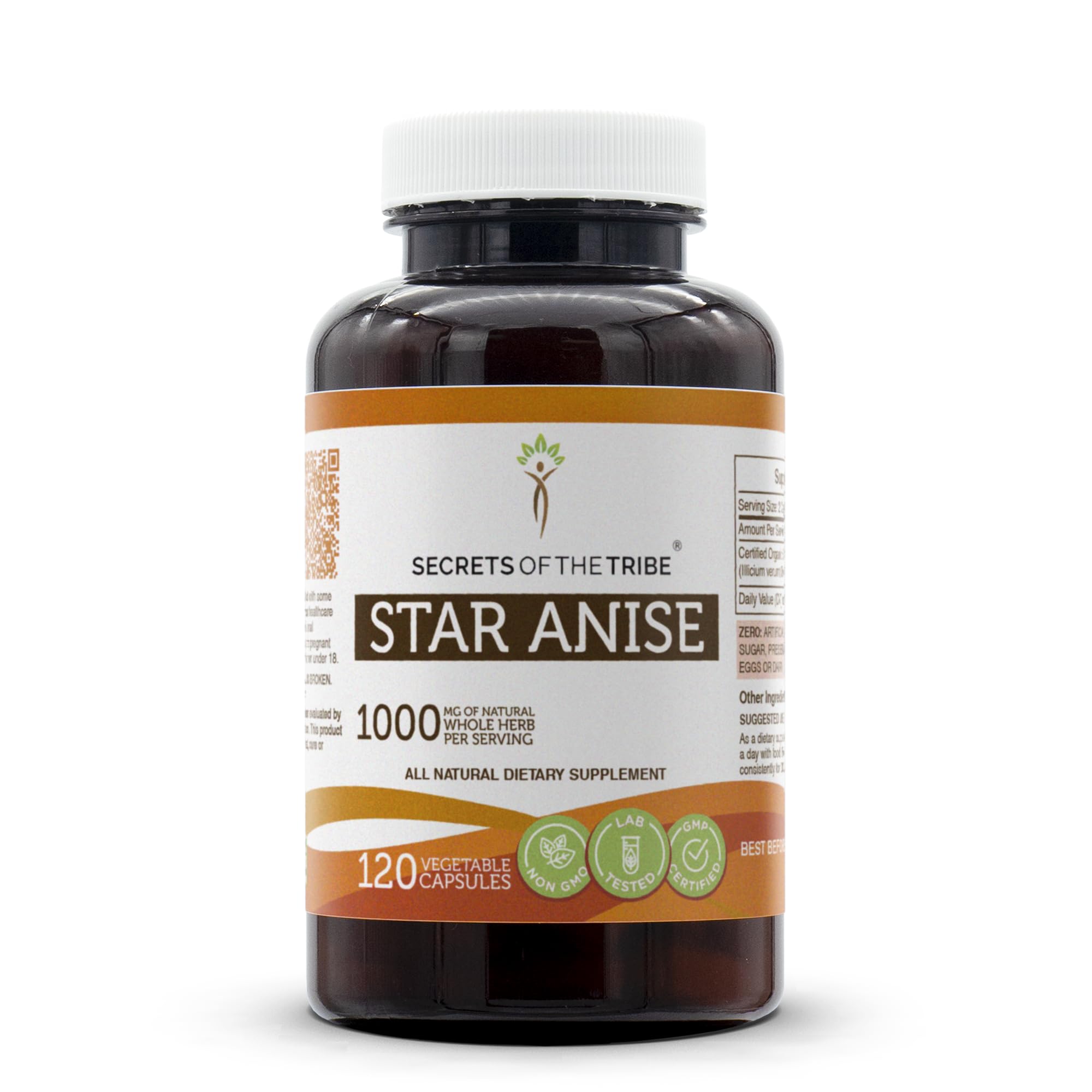 Front view of Secrets of the Tribe Star Anise Capsules bottle, 1000 mg, 120 count