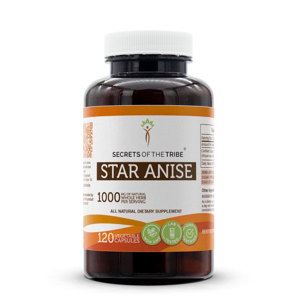 Front view of Secrets of the Tribe Star Anise Capsules bottle, 1000 mg, 120 count