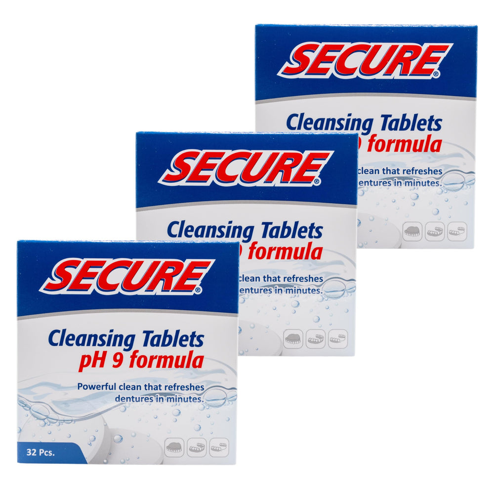 Secure Daily Cleansing Tablets package showing 32 tablets in a 3-pack