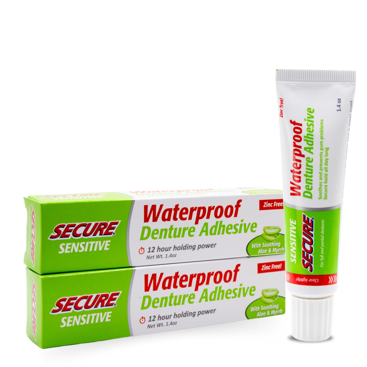 12-hour hold badge on Secure Denture Adhesive with Aloe Vera and Myrrh.