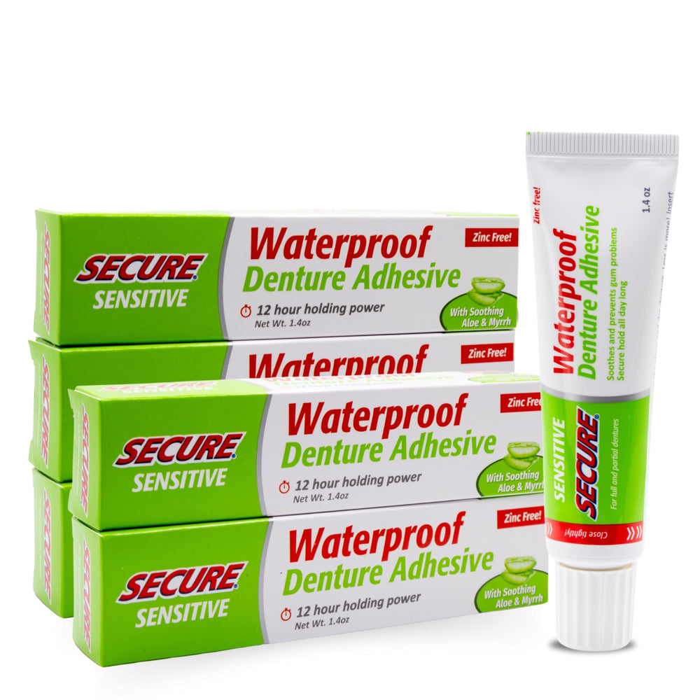 Product shot of Secure Denture Adhesive with Aloe Vera and Myrrh showing 12-hour hold