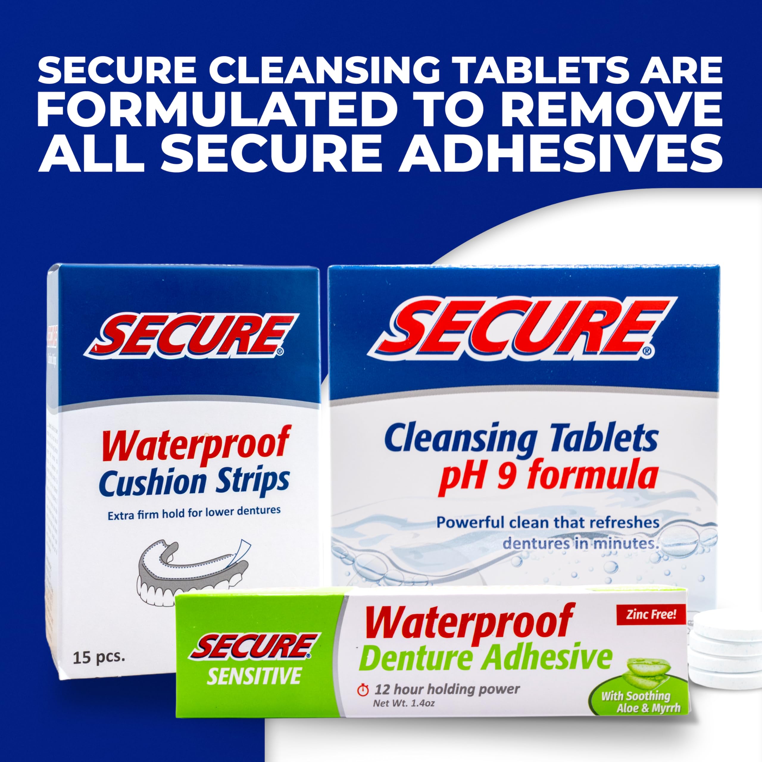 Secure Denture Adhesive shown with Secure Denture Cleanser pairing.