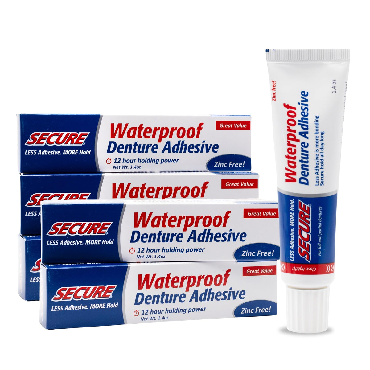 Secure Waterproof Denture Adhesive 1.4 oz tube, pack of 5 - front view