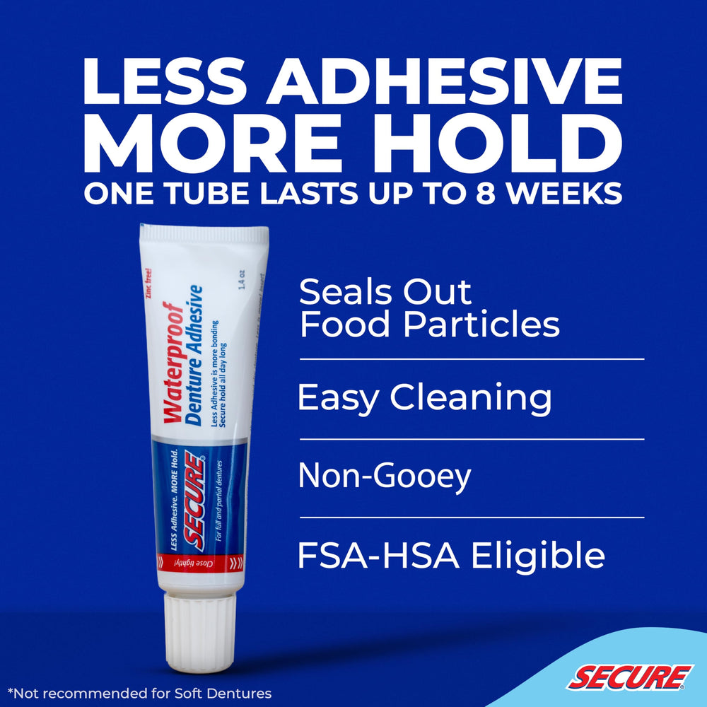Zinc-free denture adhesive packaging close-up