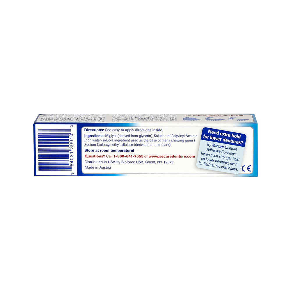 Back label of Secure Waterproof Denture Adhesive detailing zinc-free formula