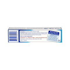 Back label of Secure Waterproof Denture Adhesive detailing zinc-free formula