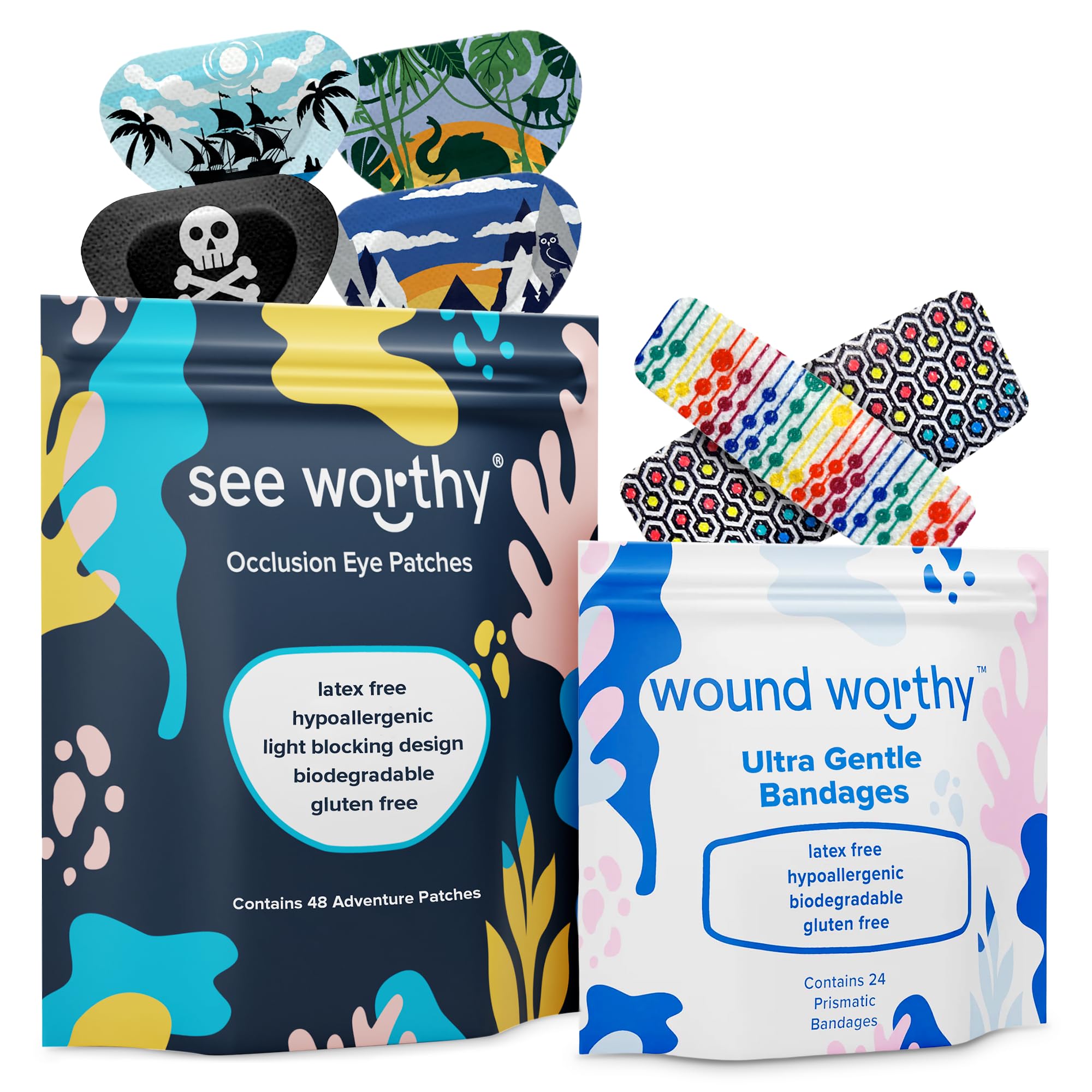 See Worthy Adventure Eye Patches & Wound Worthy Bandages Bundle – breathable patches for lazy eye and hypoallergenic bandages for sensitive skin, as seen on Shark Tank