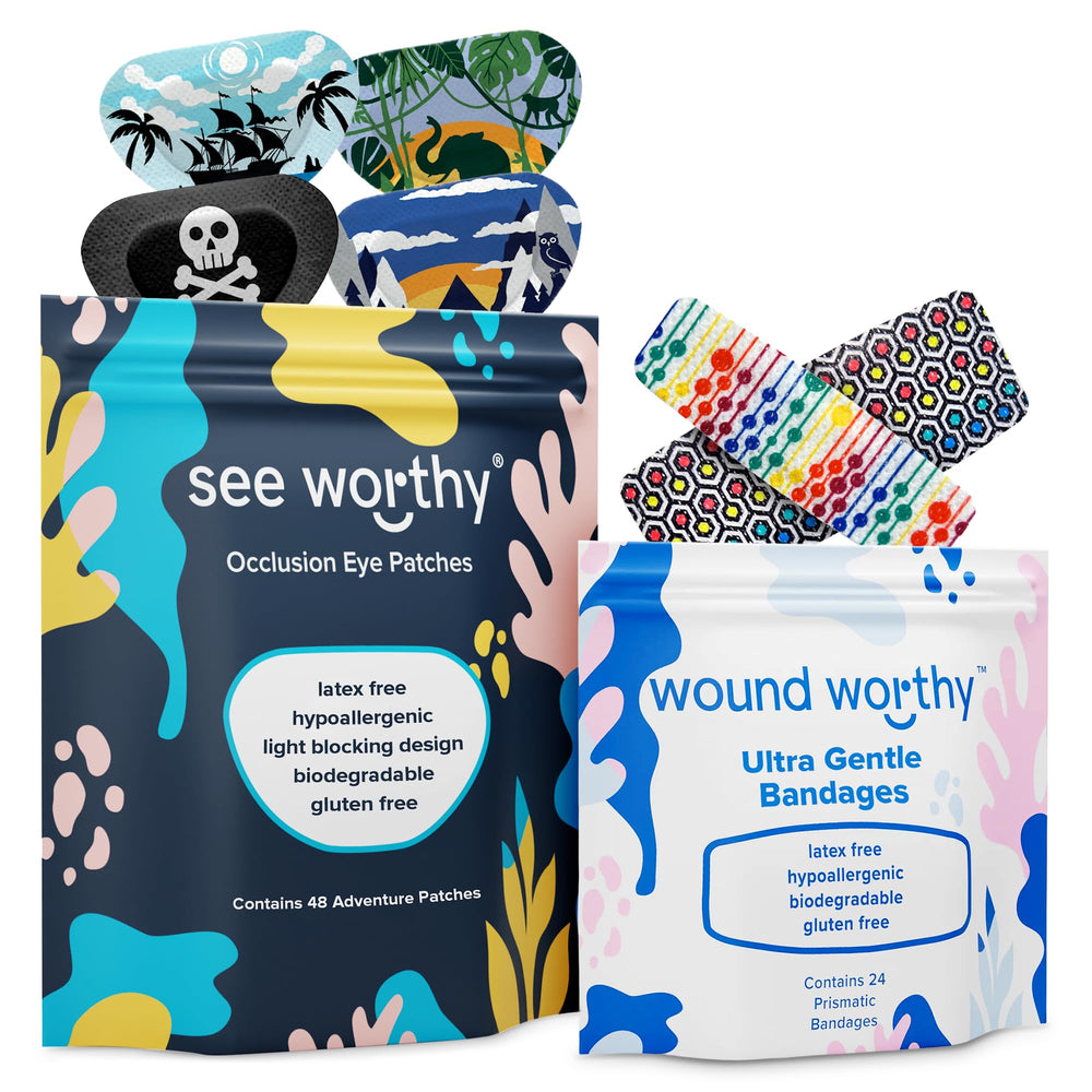 See Worthy Adventure Eye Patches & Wound Worthy Bandages Bundle – breathable patches for lazy eye and hypoallergenic bandages for sensitive skin, as seen on Shark Tank