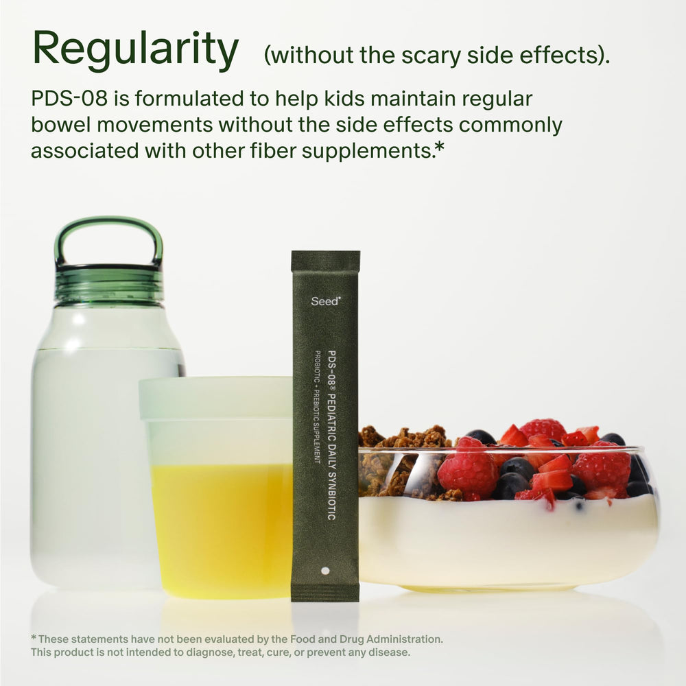 Infographic showing 9 probiotic strains and 5 g prebiotic fiber per serving