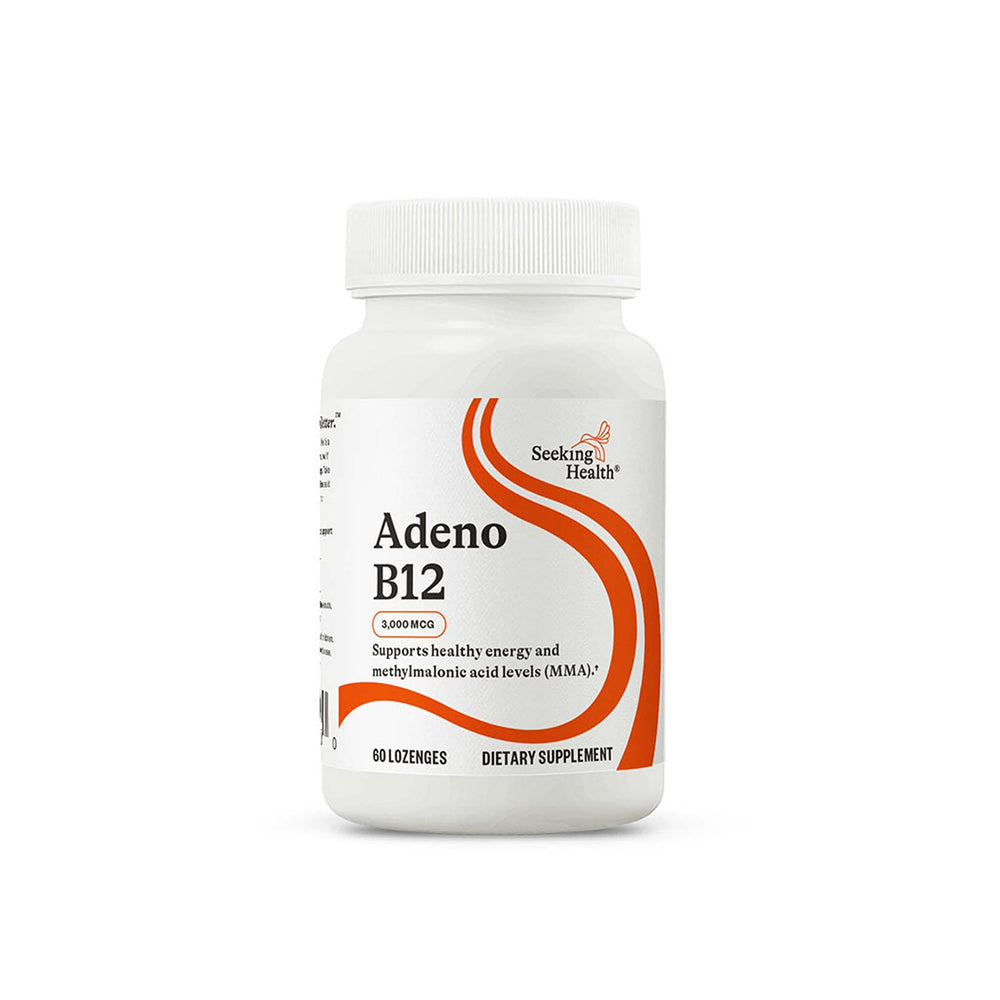 Front view of Seeking Health Adeno B12 bottle with 3000 mcg label