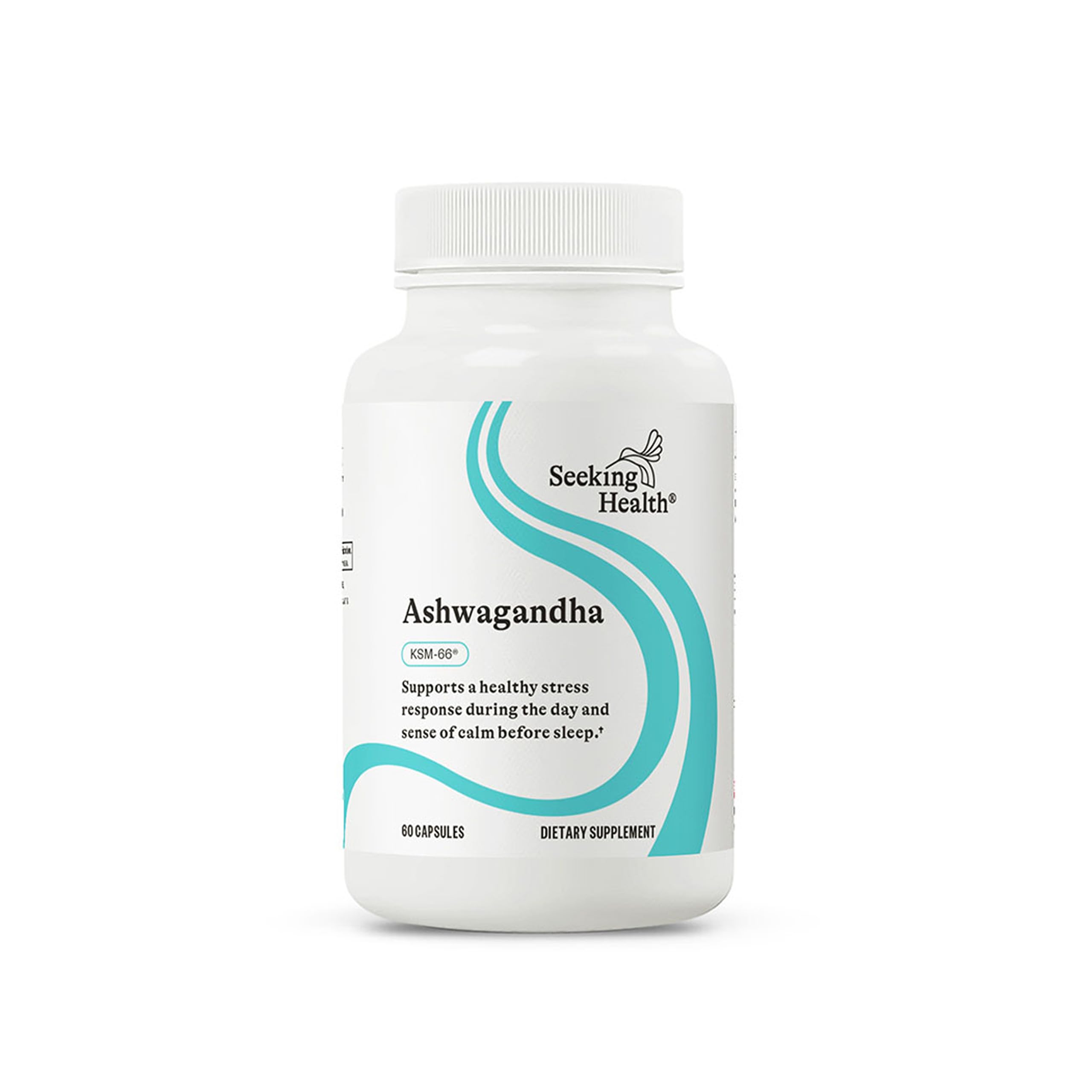 Bottle of Seeking Health Ashwagandha extract 467 mg with 5% withanolides, vegan 60 capsules