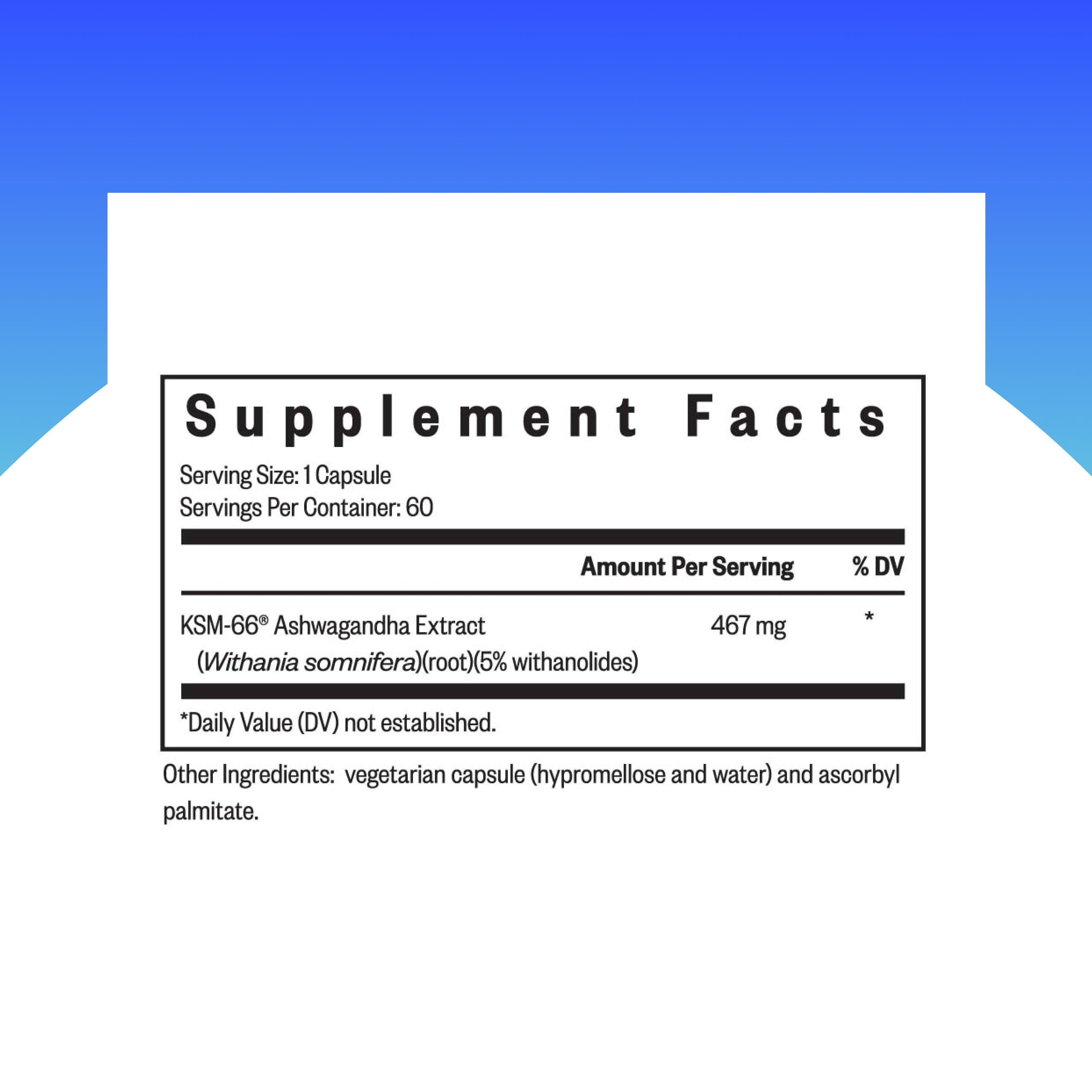 Close-up of Ashwagandha extract capsules showing 467 mg potency and withanolide content
