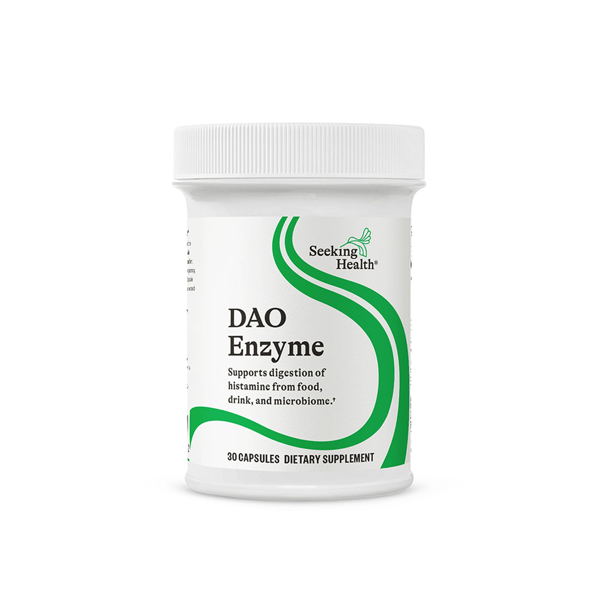 Bottle of Seeking Health DAO Enzyme capsules on white background