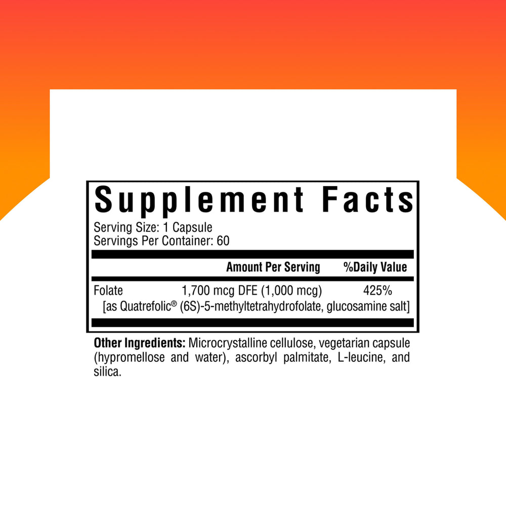 Close-up of label showing 1,700 mcg DFE methylfolate