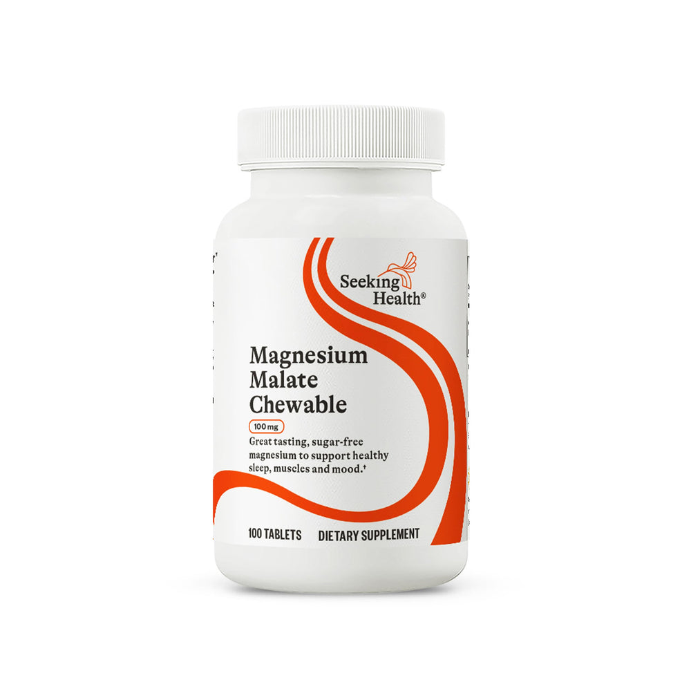 Front bottle label of Seeking Health Magnesium Malate Chewable 100 mg