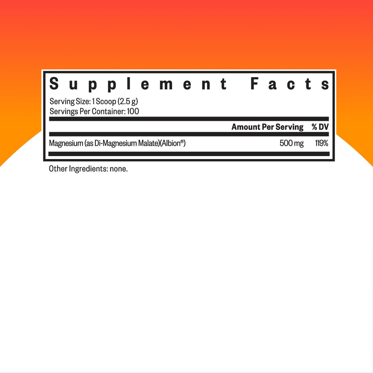 Label on Seeking Health Magnesium Malate Powder bottle showing 500 mg, 100 servings