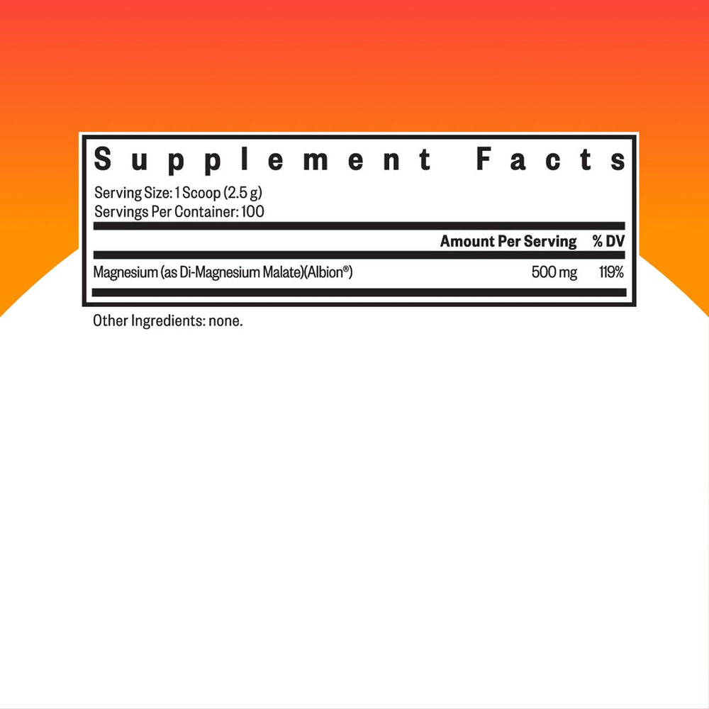 Label on Seeking Health Magnesium Malate Powder bottle showing 500 mg, 100 servings