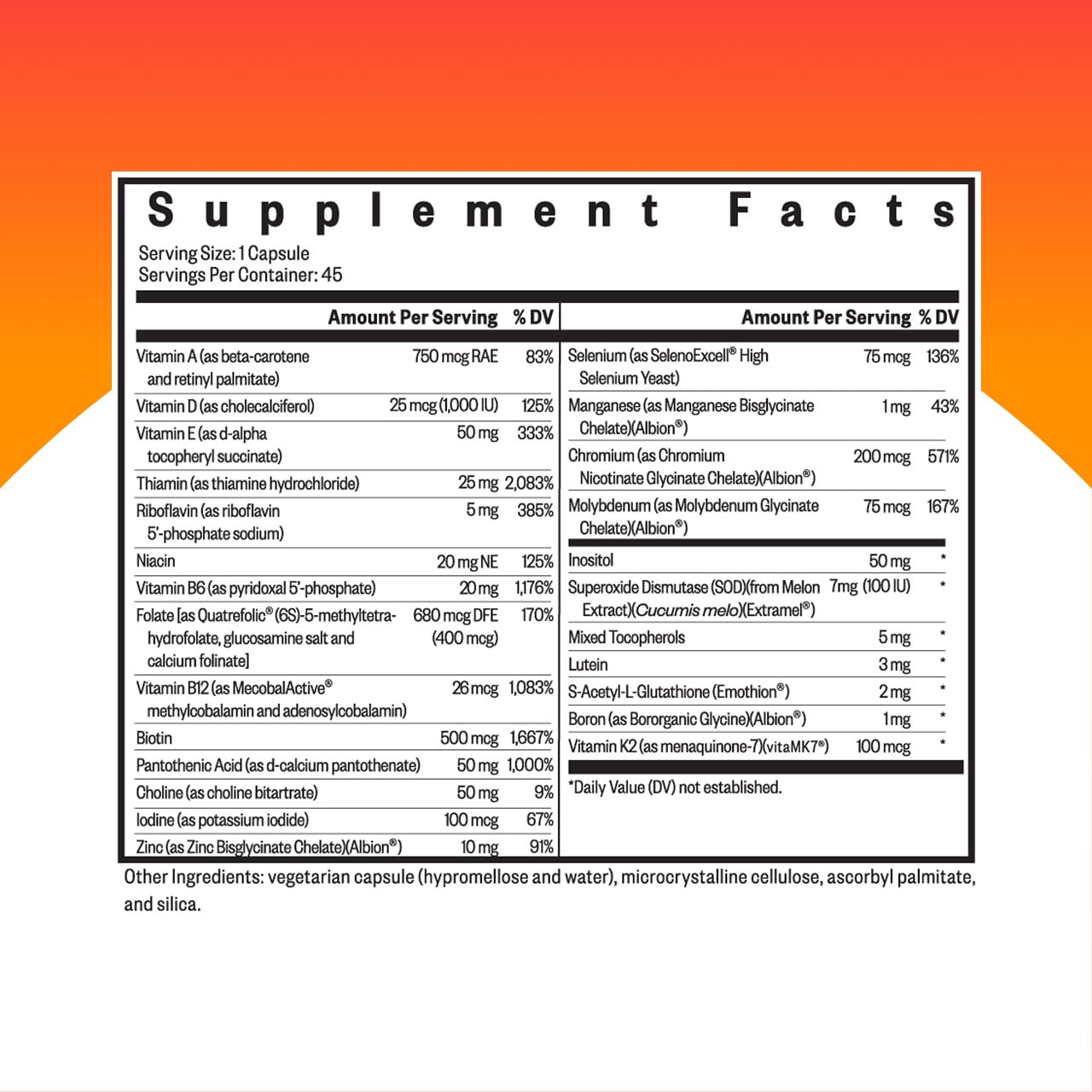 Back of bottle label highlighting zinc, B12 and Vitamin A