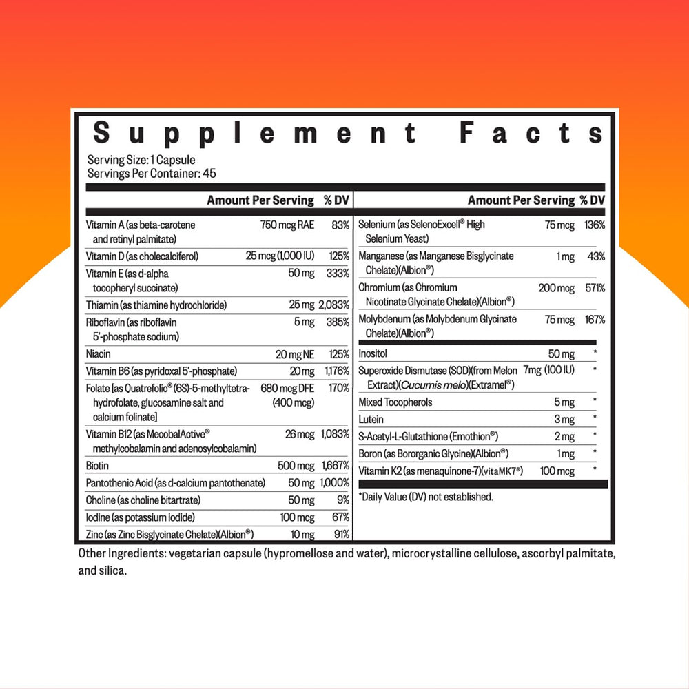 Back of bottle label highlighting zinc, B12 and Vitamin A