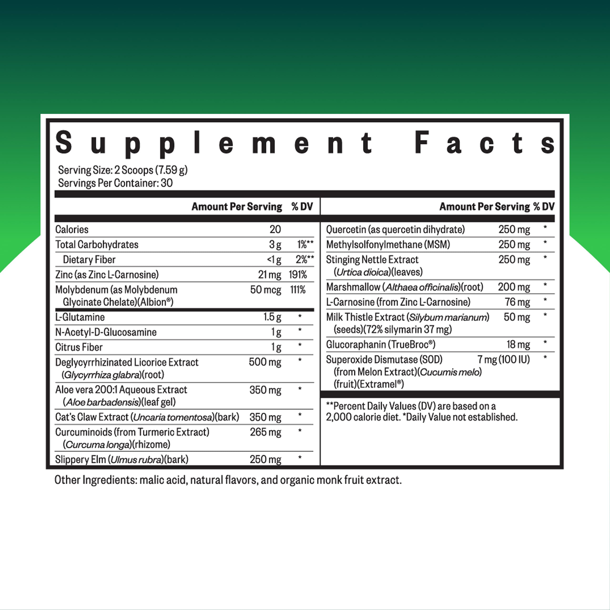 Close-up of product label highlighting L-Glutamine and minerals