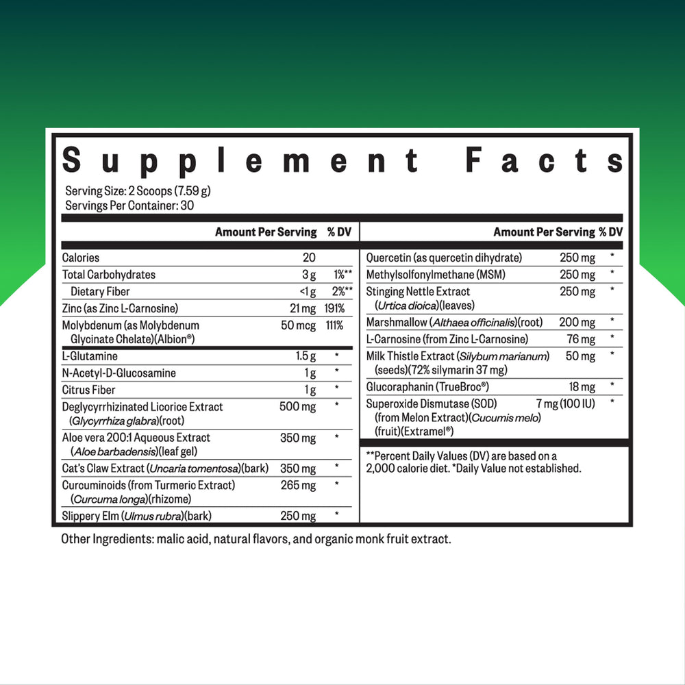 Close-up of product label highlighting L-Glutamine and minerals
