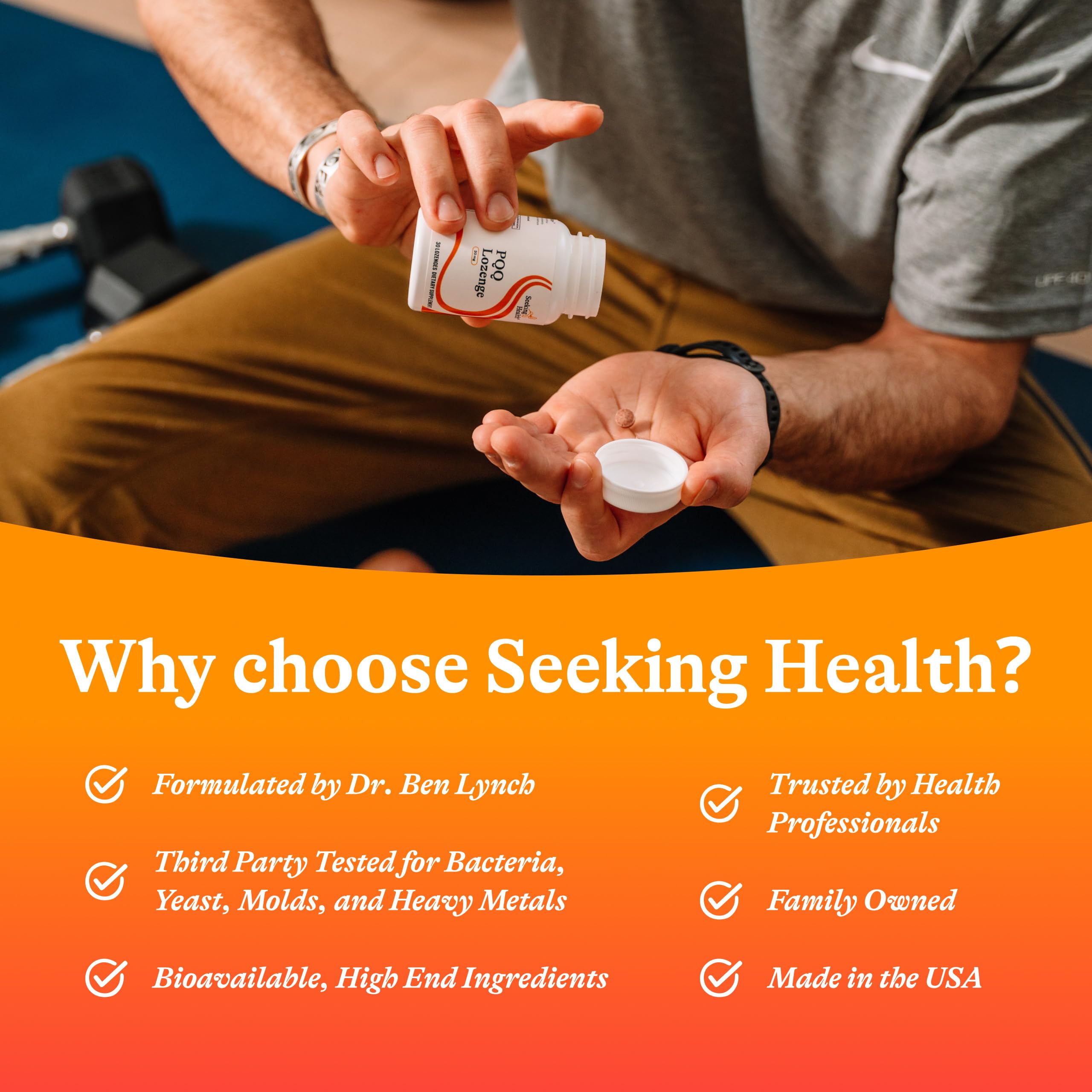 Seeking Health PQQ Lozenge bottle with clean label and safety seals.