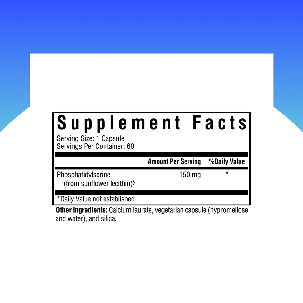Front label of Seeking Health Phosphatidyl Serine bottle highlighting soy-free, non-GMO, vegetarian