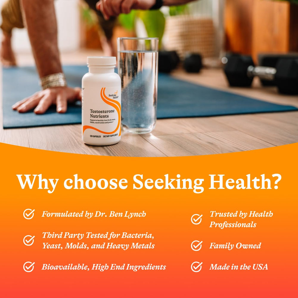Seeking Health Testosterone Nutrients bottle under morning light for daily energy