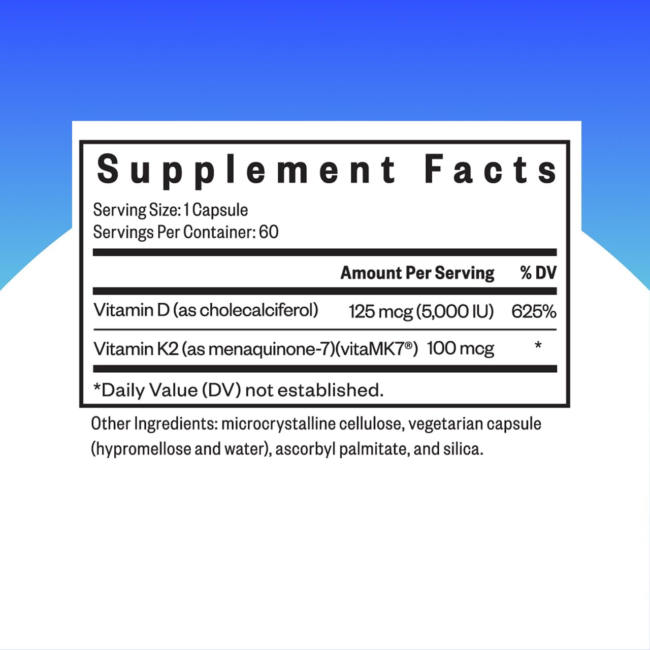 Label highlighting 5000 IU Vitamin D3 and 100 mcg Vitamin K2 (MK-7)