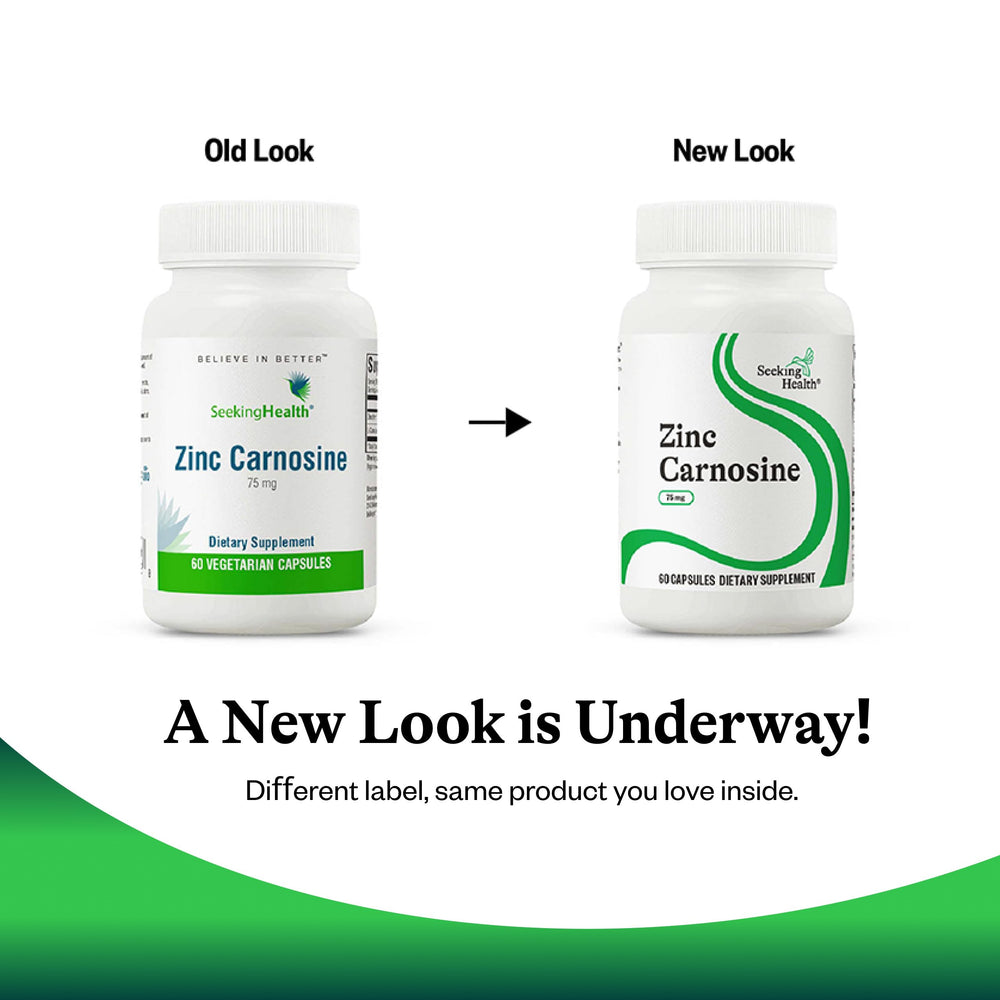 Bottle on a white surface featuring Seeking Health Zinc Carnosine