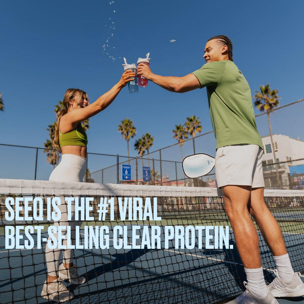 On-the-go SEEQ protein powder being mixed with water.