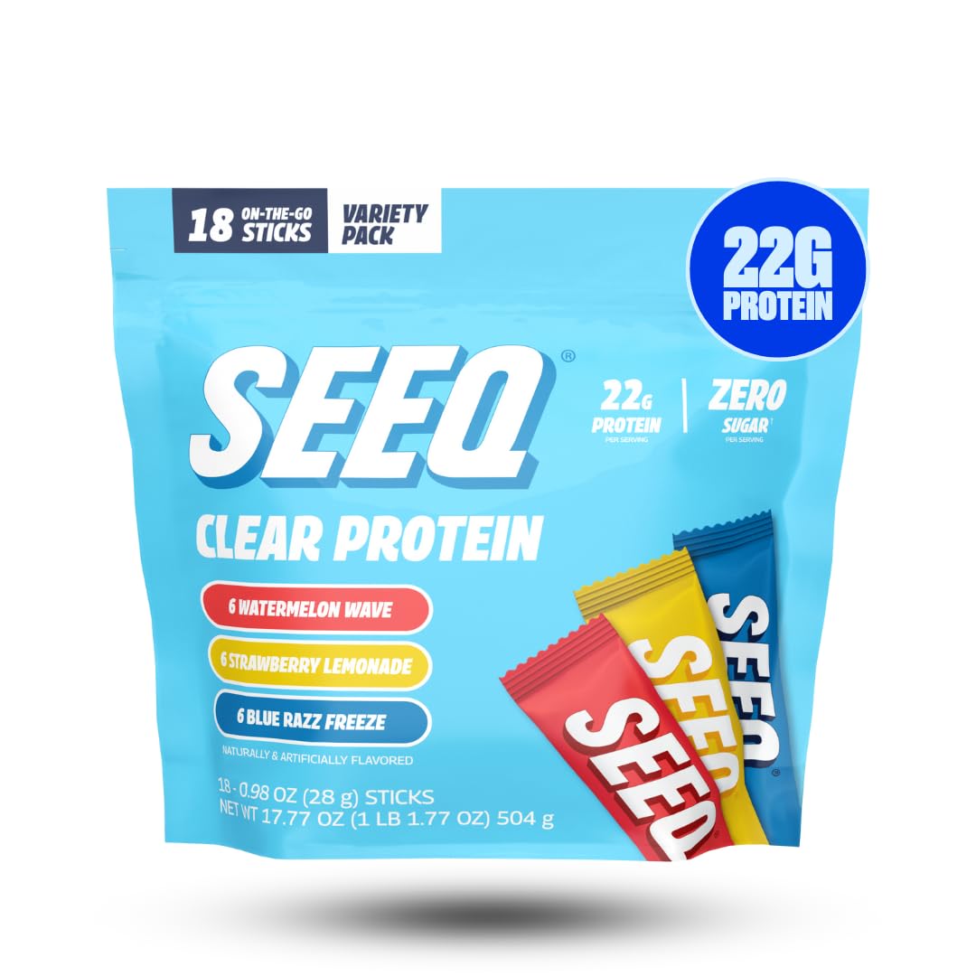 SEEQ Clear Protein Sample Pack with 18 on-the-go sticks, 22g each.