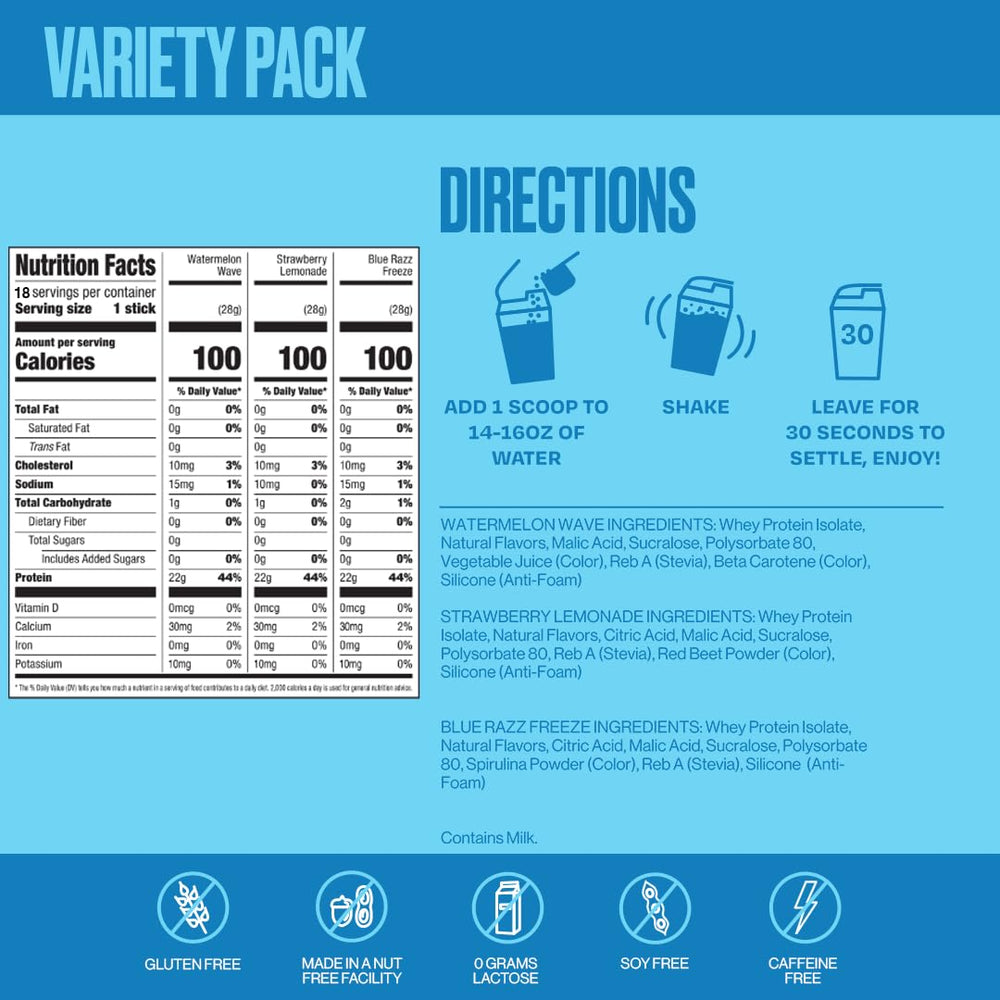 Blue Razz Freeze flavor SEEQ Clear whey protein packet.