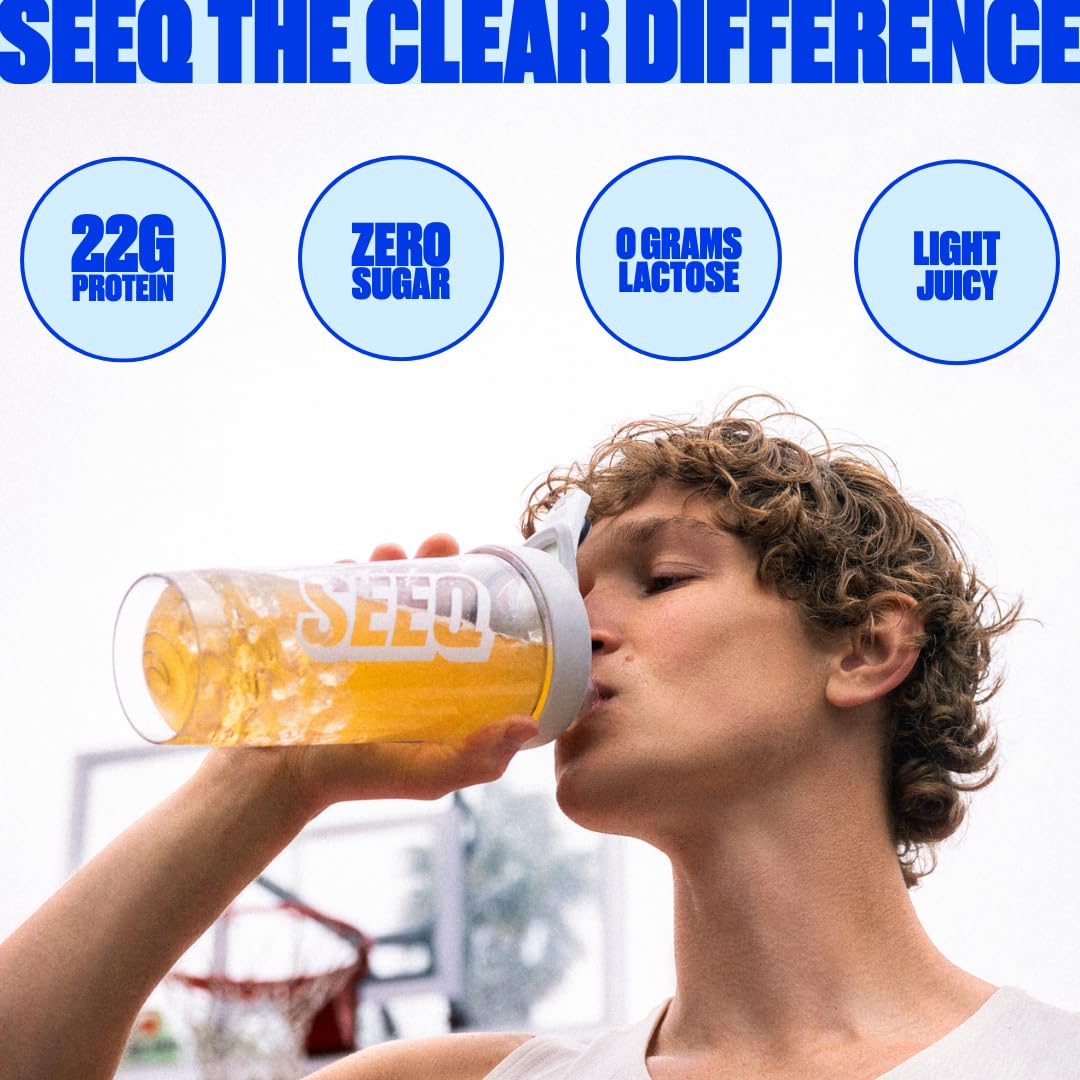 Zero sugar, 0g lactose, gluten-free SEEQ Clear protein powder packaging.
