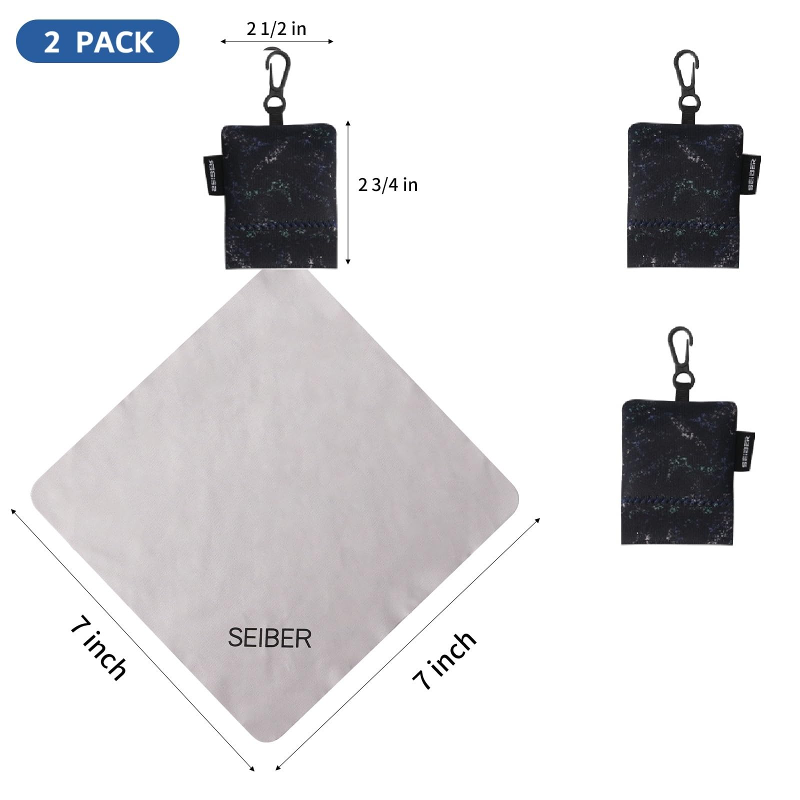 Cloth removed from neoprene pouch showing cleaning surface (SEIBER camo-dark).