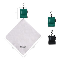 Microfiber cloth attached to a closable neoprene pouch with self-closing bottom