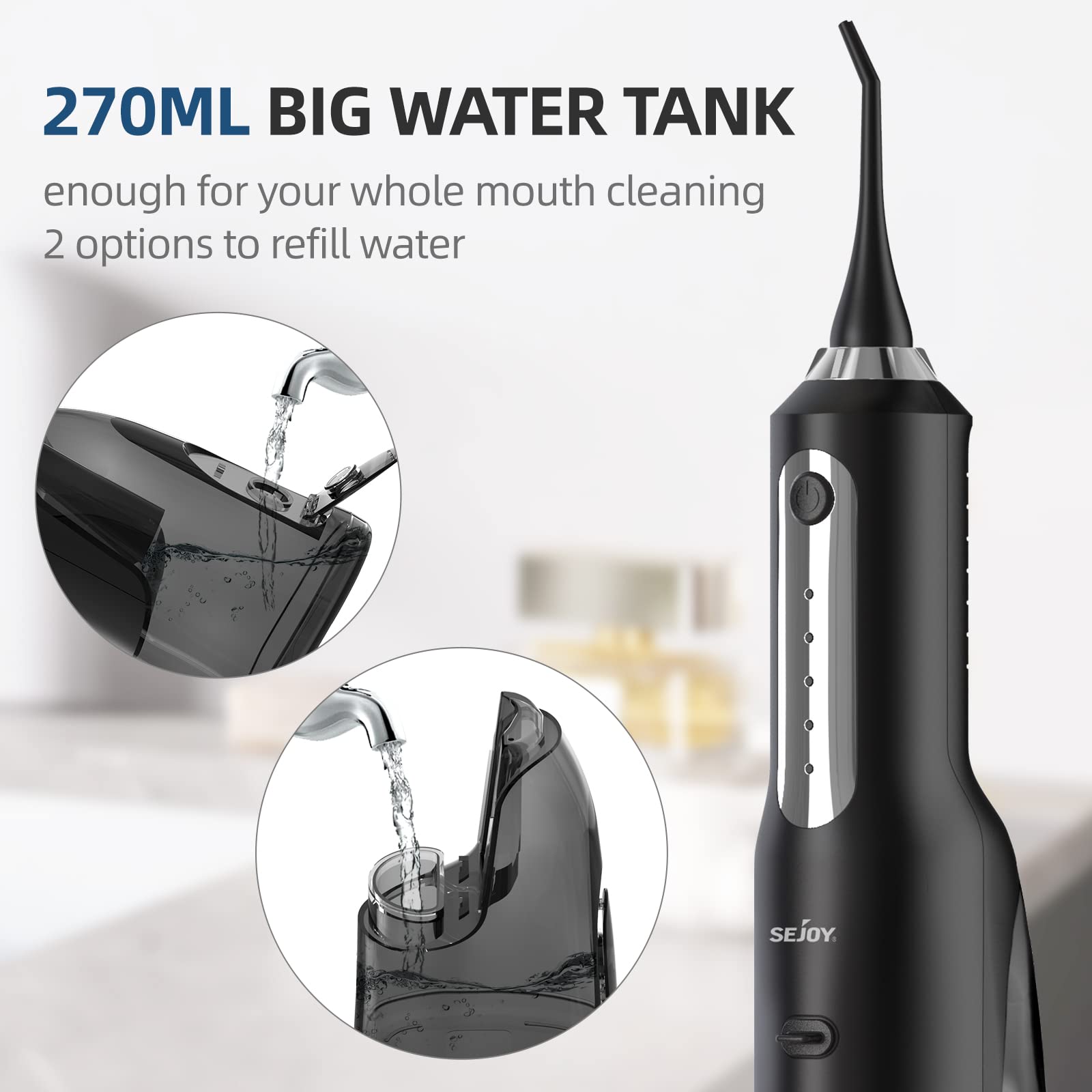 Eight jet tips and rotating nozzle on Sejoy flosser