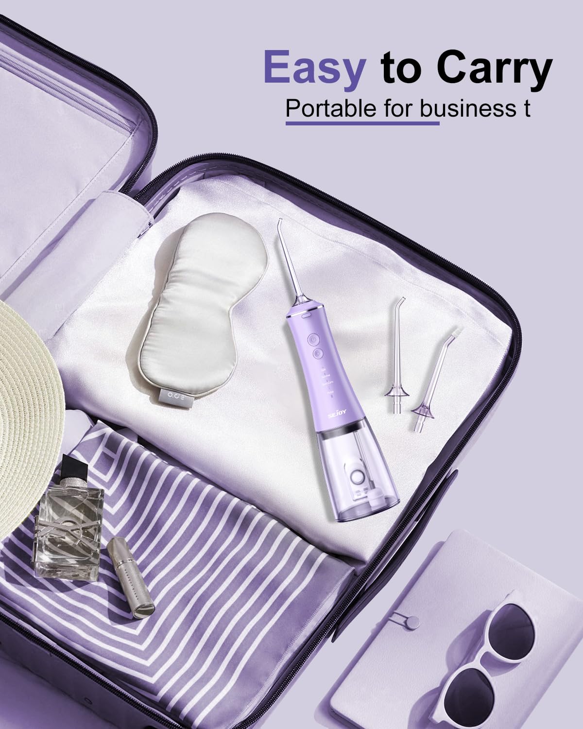 Nozzle tips and travel carrying case included with the flosser