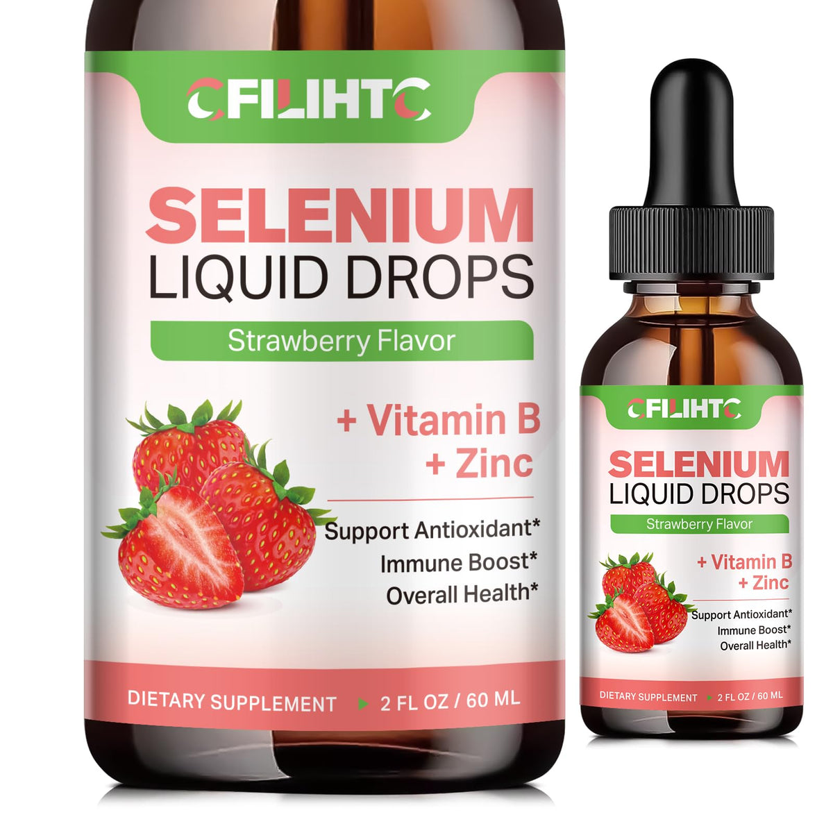 Front view of Selenium Liquid Drops bottle with Strawberry flavor, 2 fl oz