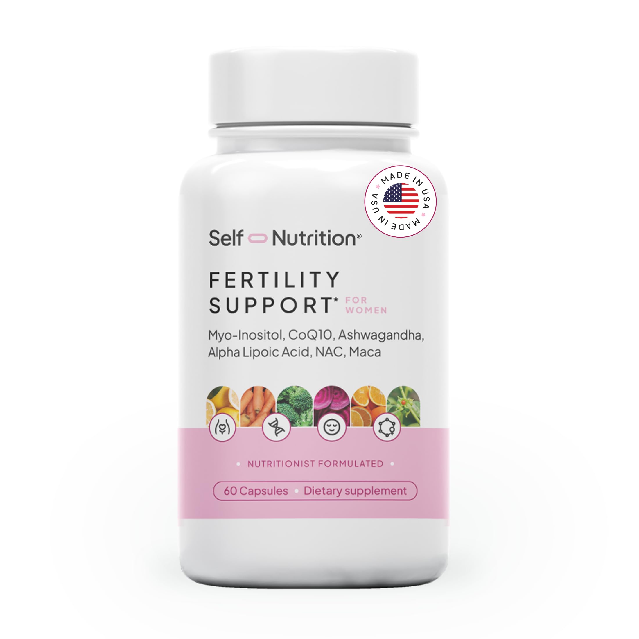 Front view of SELF NUTRITION Fertility Support bottle with label